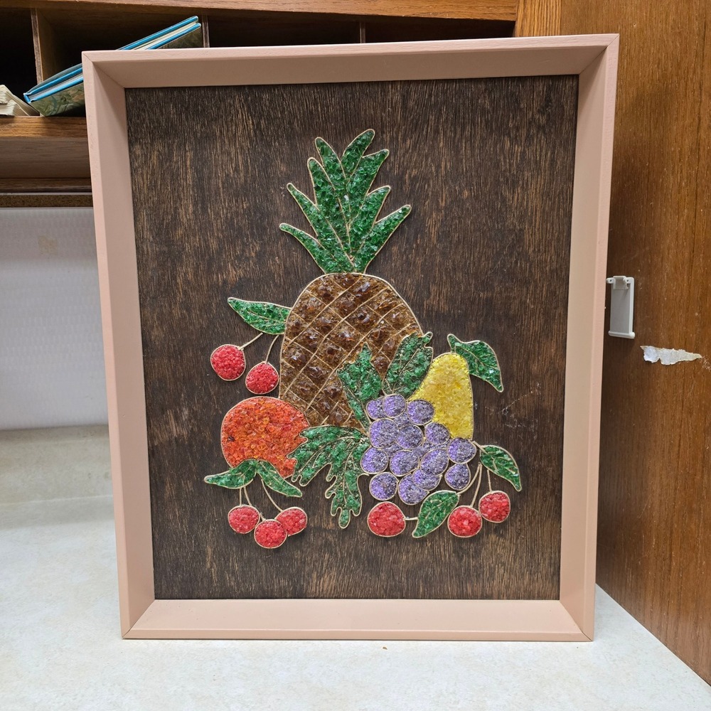 Vintage 1970s Crushed Glass Pebble Art Fruit Pineapple Mosaic Wood Frame 20x17